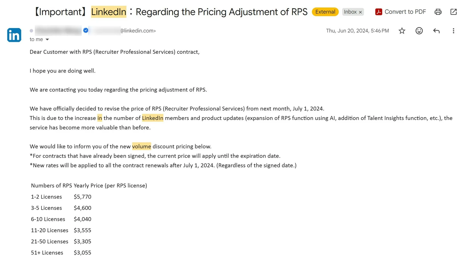 LinkedInからの2024年6月20日(木)午後5時46分付メール。件名「【Important】LinkedIn:Regarding the Pricing Adjustment of RPS」。本文では2024年7月1日からRPS価格を改定すること、契約日を問わずすべての更新に新料率を適用することが述べられ、ライセンス数別の新価格表(1〜2席 $5,770、3〜5席 $4,600、6〜10席 $4,040、11〜20席 $3,555、21〜50席 $3,305、51+席 $3,055)が掲載されている。